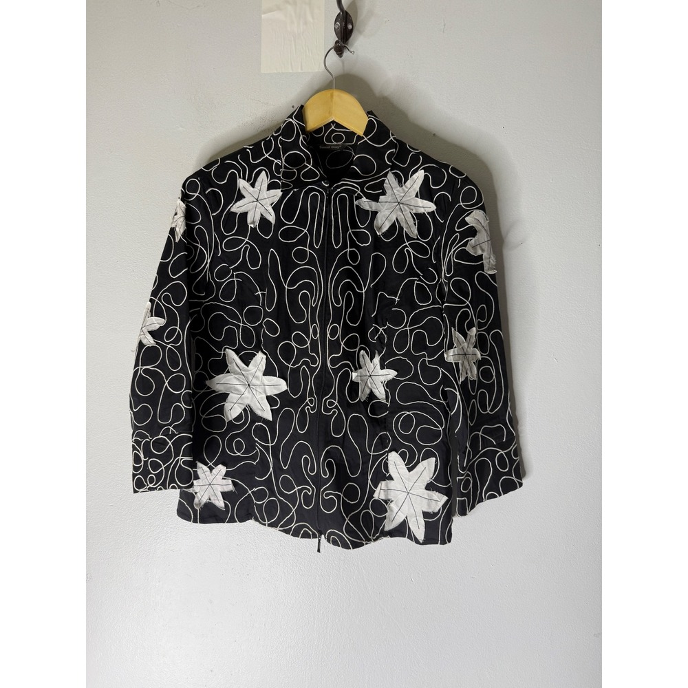 Samuel Dong Full Dual Zip Jacket Black White Embroidered Applique Cotton‎ size M
